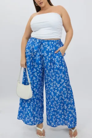 Thermal Regulating Fabric Blue Ditsy Tie Waist Wide Leg Pants
