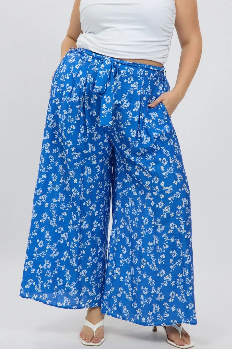 Reinforced Stress Points Blue Ditsy Tie Waist Wide Leg Pants