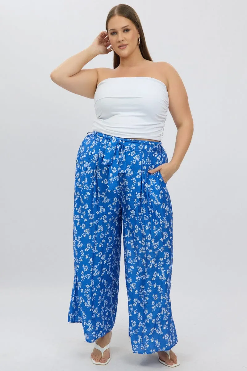 Blue Ditsy Tie Waist Wide Leg Pants LowProfileTopstitching