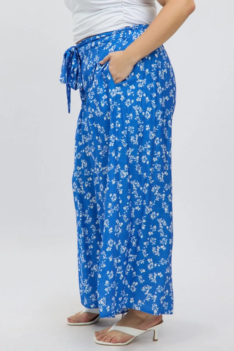 Blue Ditsy Tie Waist Wide Leg Pants Quick-Dry Material