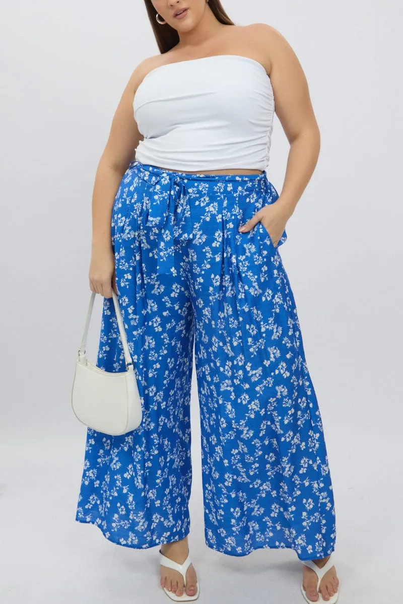 Thermal Regulating Fabric Blue Ditsy Tie Waist Wide Leg Pants