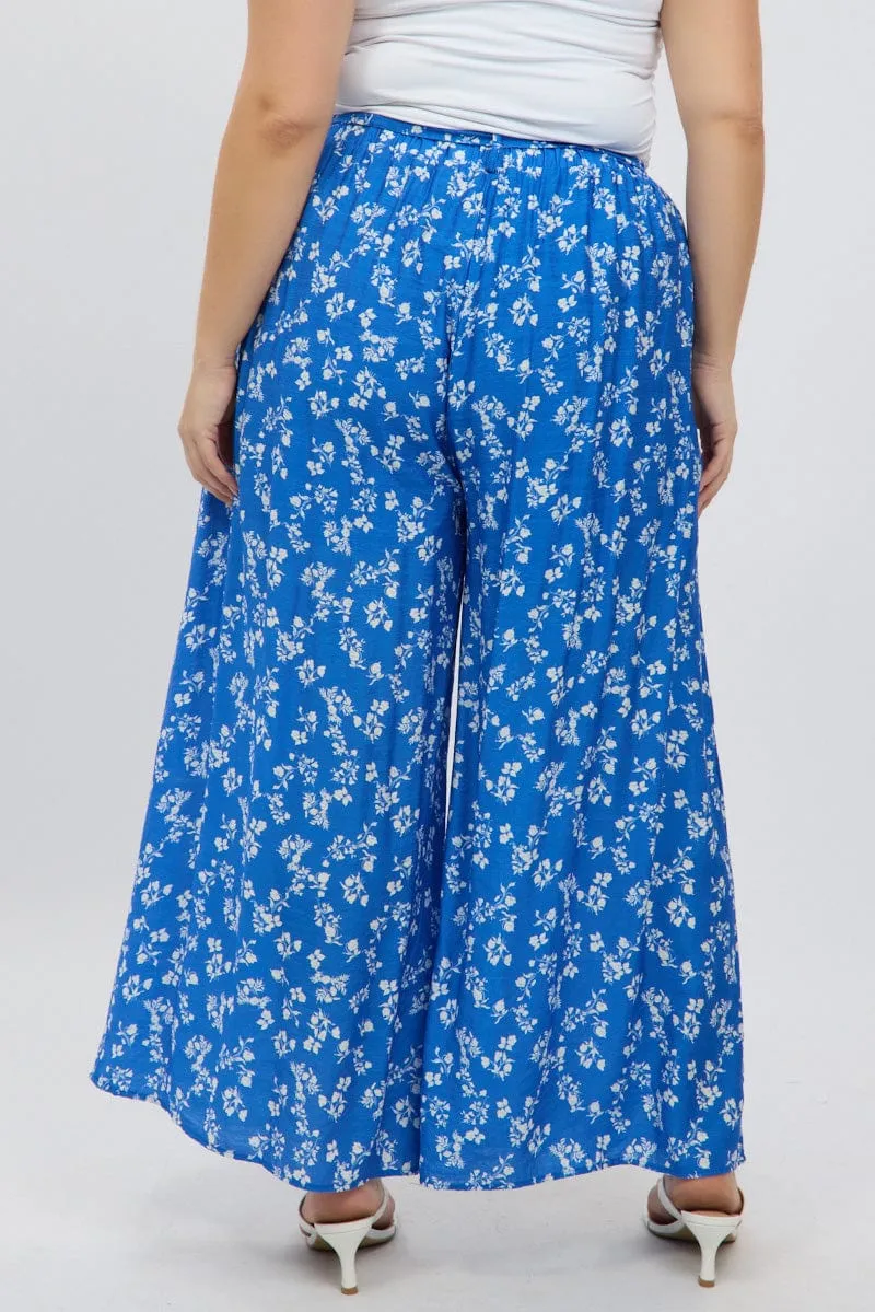 Modern Relaxed Blue Ditsy Tie Waist Wide Leg Pants