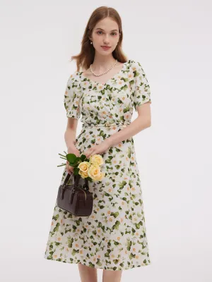 Acetate Blend Floral Print Women V-Neck Midi Dress With Belt Velvet Smooth