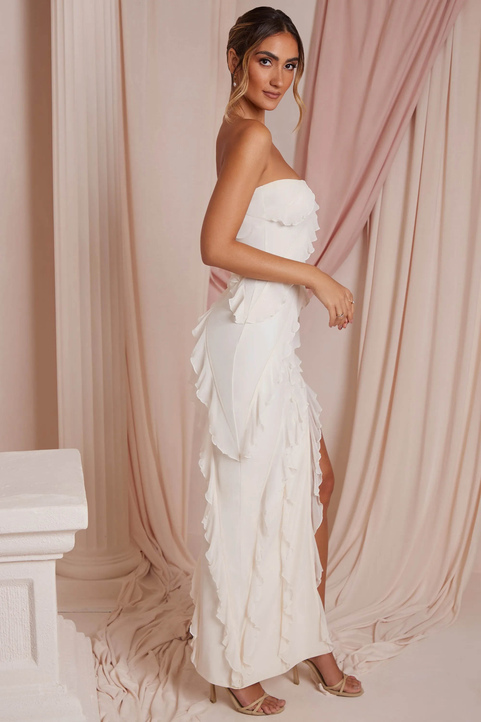 Bandeau Ruffle Detail Maxi Dress in Ivory Timeless full-length outfit