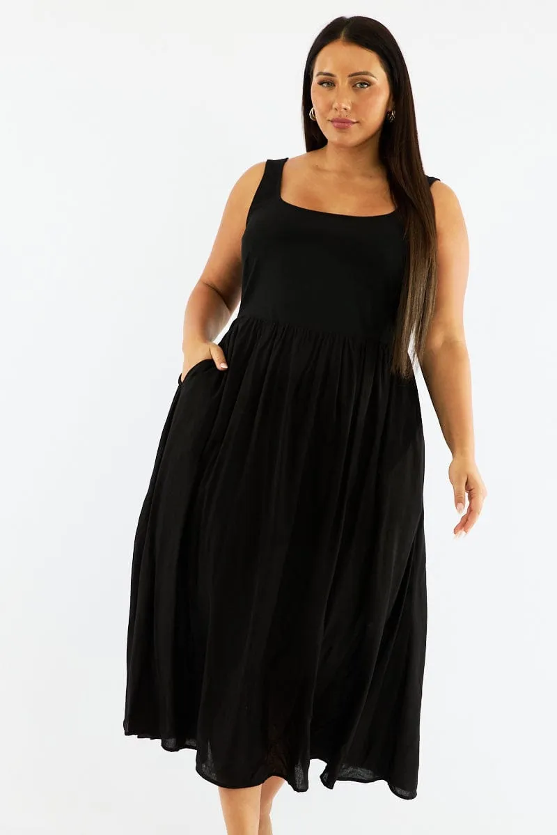 Resort Stay Cotton Soft Black Midi Dress Sleeveless Scoop Neck Linen Blend