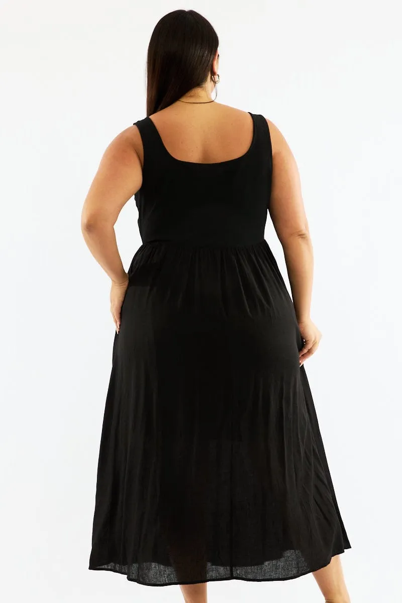 Classic event dress Black Midi Dress Sleeveless Scoop Neck Linen Blend