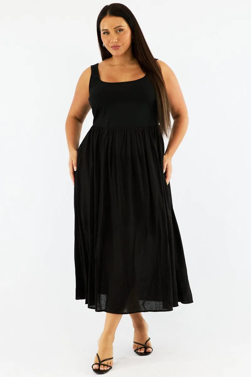 Black Midi Dress Sleeveless Scoop Neck Linen Blend Trendy Fit Comfort Fit