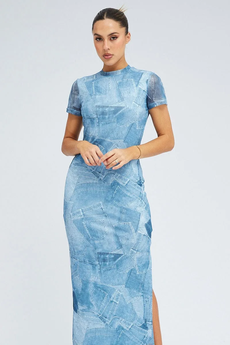 Calm River Blue Print Maxi Dress Short Sleeve Crew Neck Bodycon Mesh