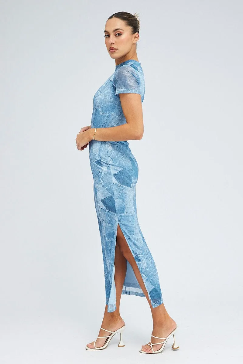 Stitch Glow Blue Print Maxi Dress Short Sleeve Crew Neck Bodycon Mesh