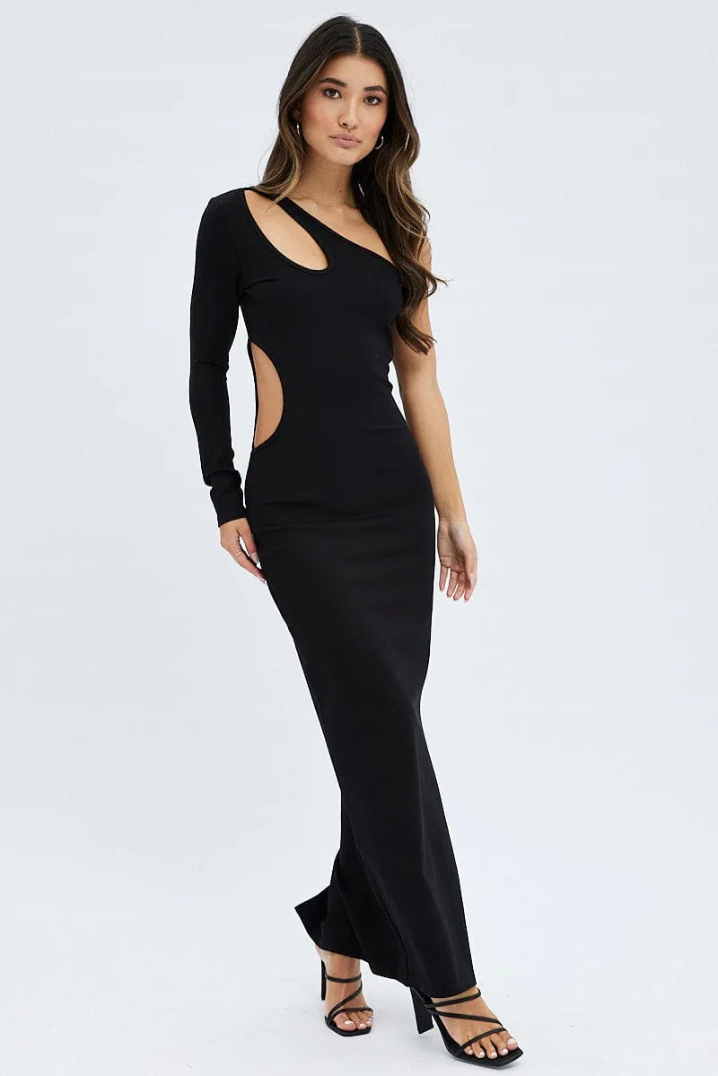 The elegant fabric of this dress offers a luxurious feel against the skin Confident Walk Black One Shoulder Cut Out Maxi Dress