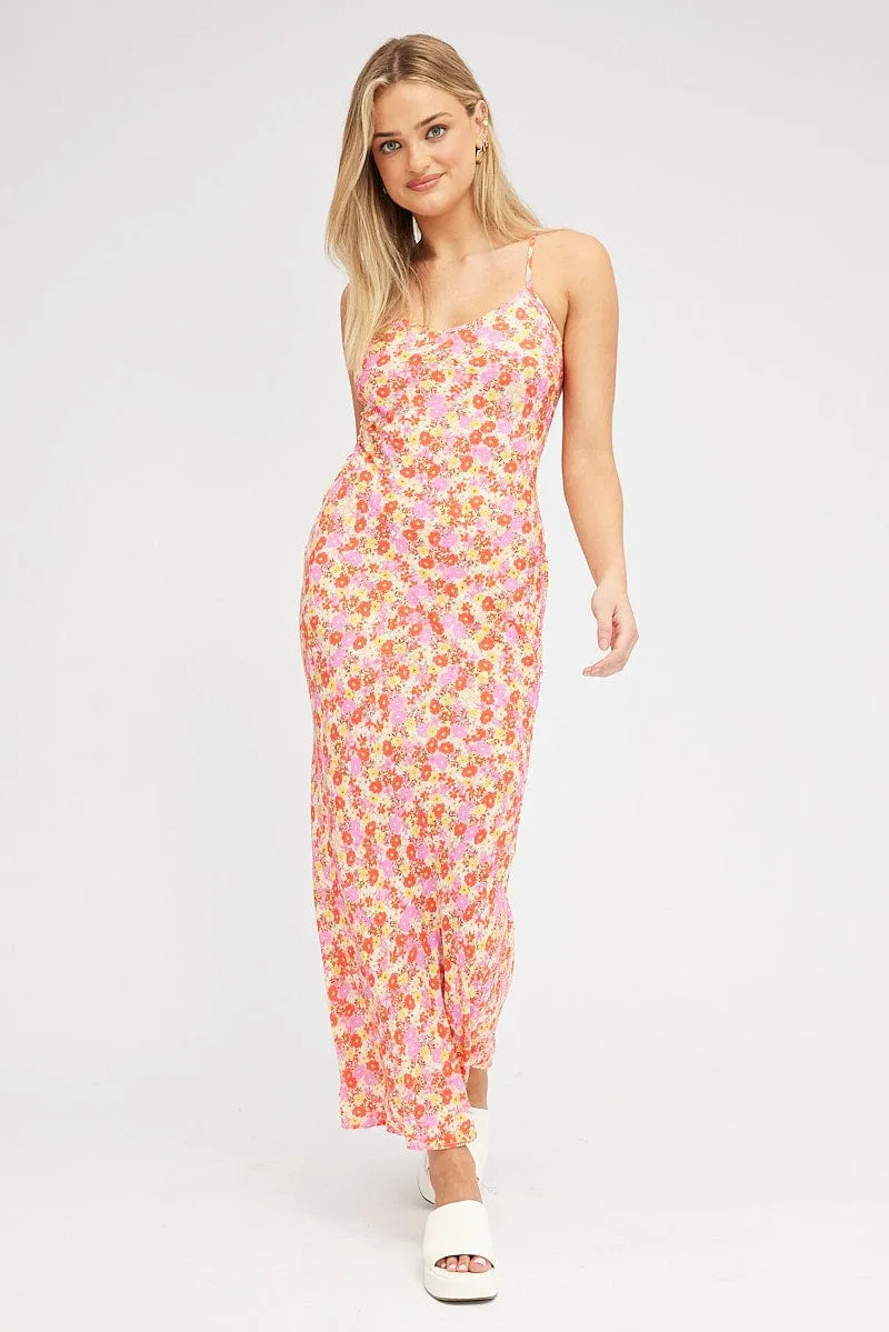 Court Path Emerald Glow Red Floral Maxi Dress Bias Cut