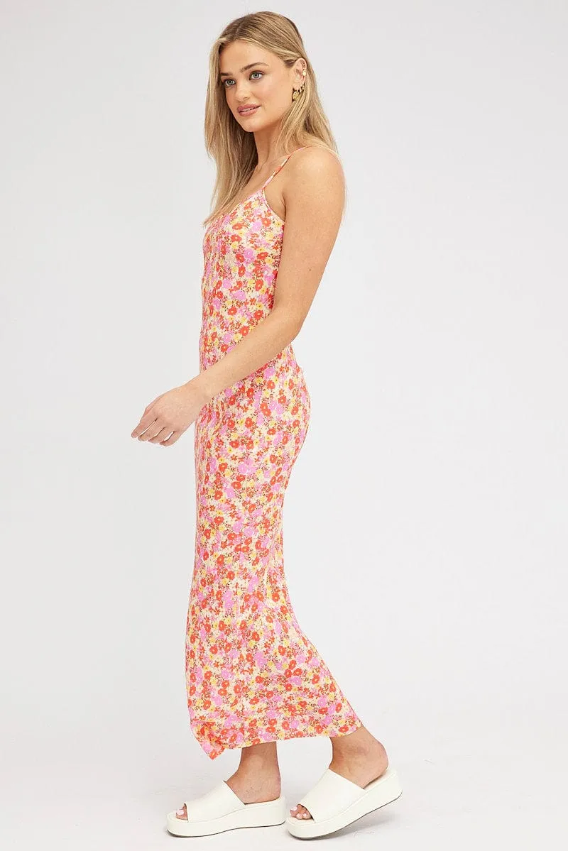 Red Floral Maxi Dress Bias Cut Bead Glow Gray Mist