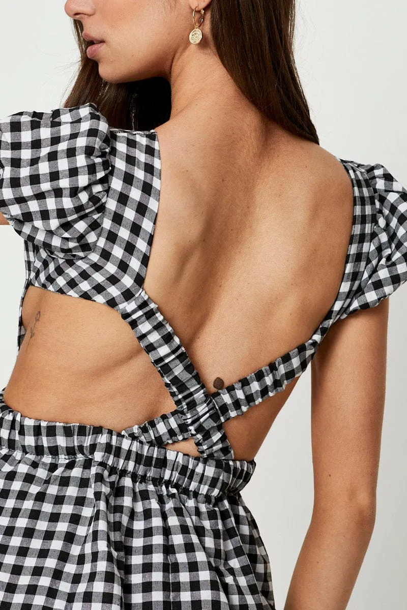 Playful floral print gown Black Check Cross Back Dress