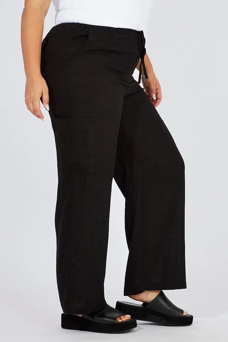 Low Bulk Design Roll-up style Black Wide Leg Pants Mid Rise Linen Blend