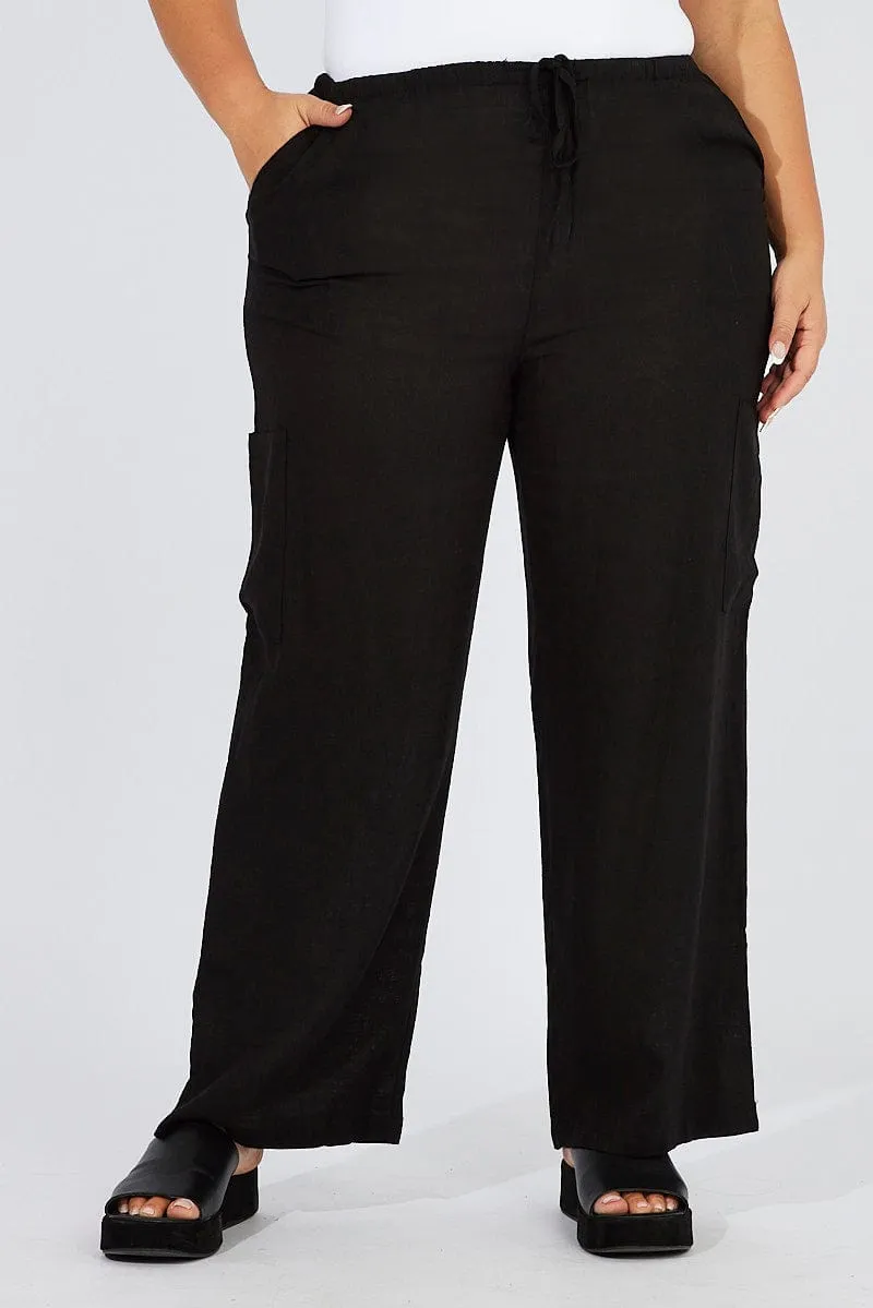 Black Wide Leg Pants Mid Rise Linen Blend Shape Retention Core Movement