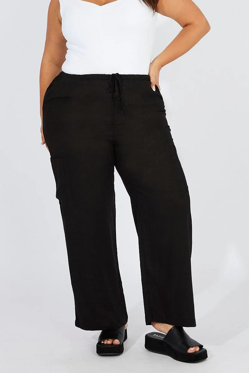 Black Wide Leg Pants Mid Rise Linen Blend Cozy Fit Comfort Flex