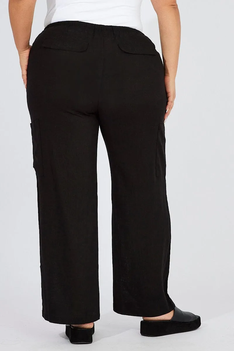 Black Wide Leg Pants Mid Rise Linen Blend NonChafingLegs RecycledPolyester