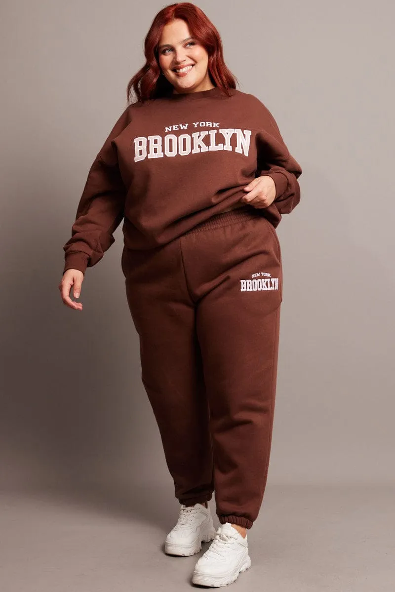 Brown Track Pants High Rise Adjustable Closure Lightweight Wear