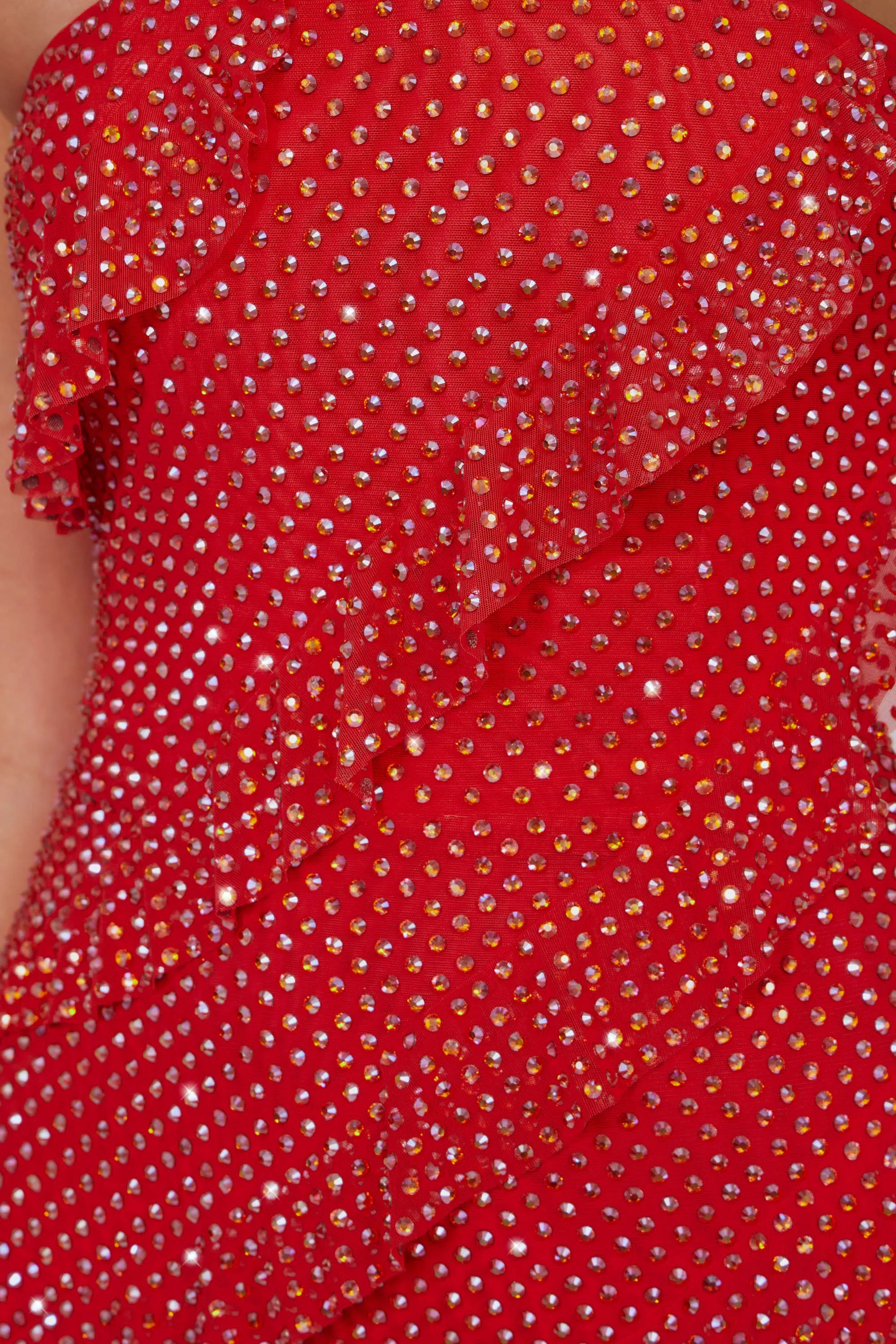 Warm Air Denim Glow Embellished Strapless Ruffle Maxi Dress in Fire Red