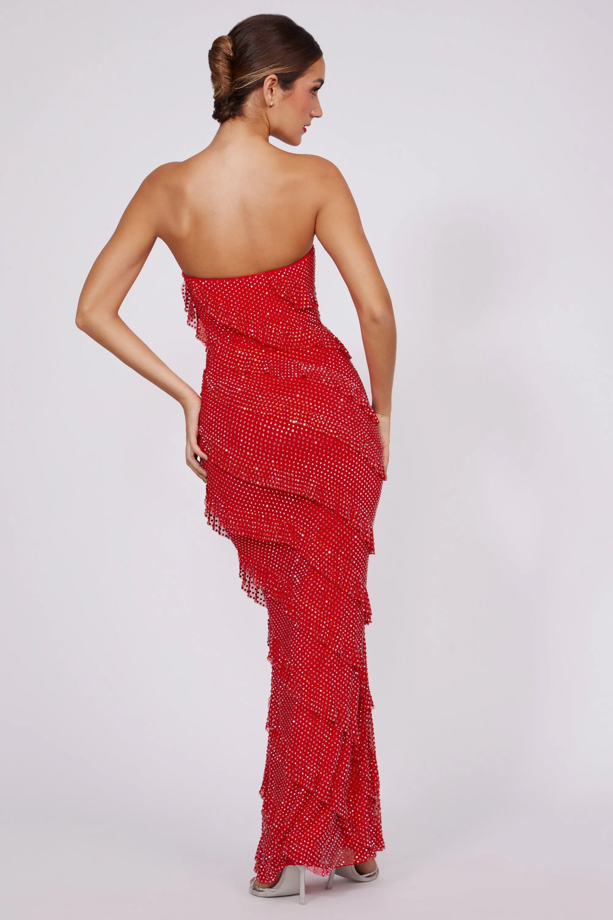 Embellished Strapless Ruffle Maxi Dress in Fire Red Roof View