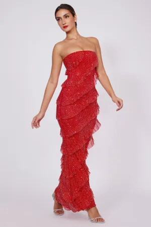 Designed with comfort in mind this dress is perfect for all-day wear Versatile event attire Embellished Strapless Ruffle Maxi Dress in Fire Red