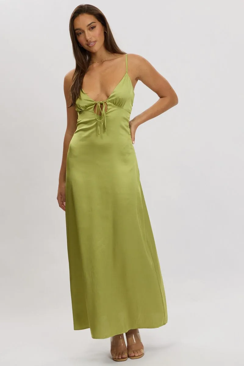 City Air Muslin Soft Green Maxi Dress Cut Out Satin