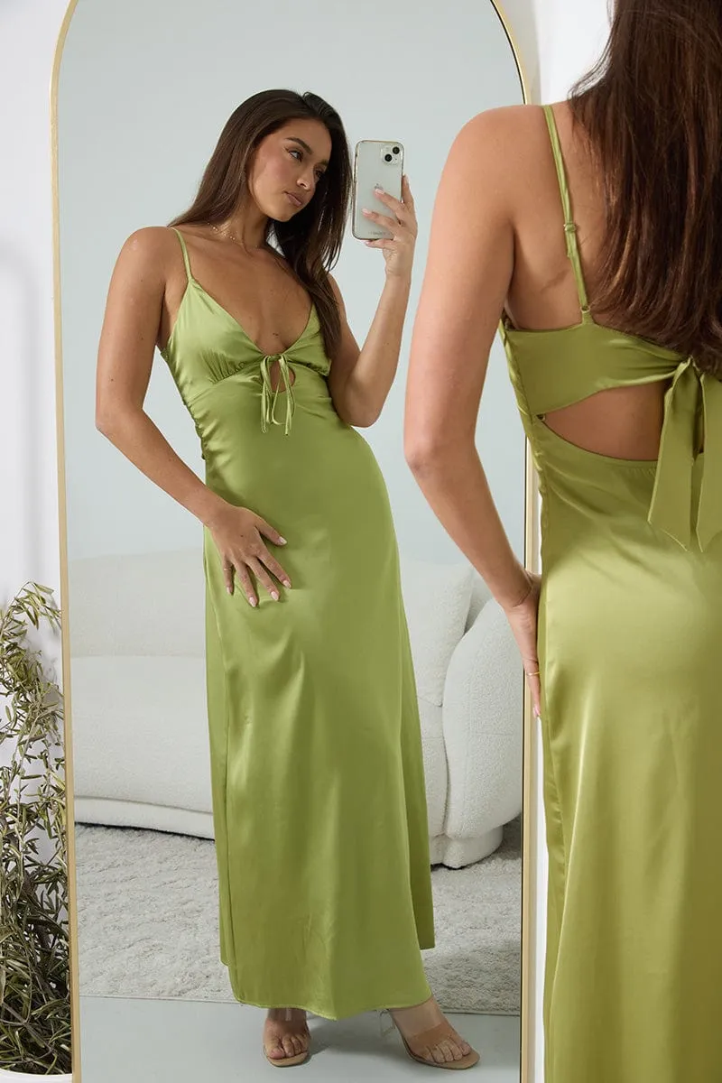 Green Maxi Dress Cut Out Satin Wedding guest Feminine flowing piece