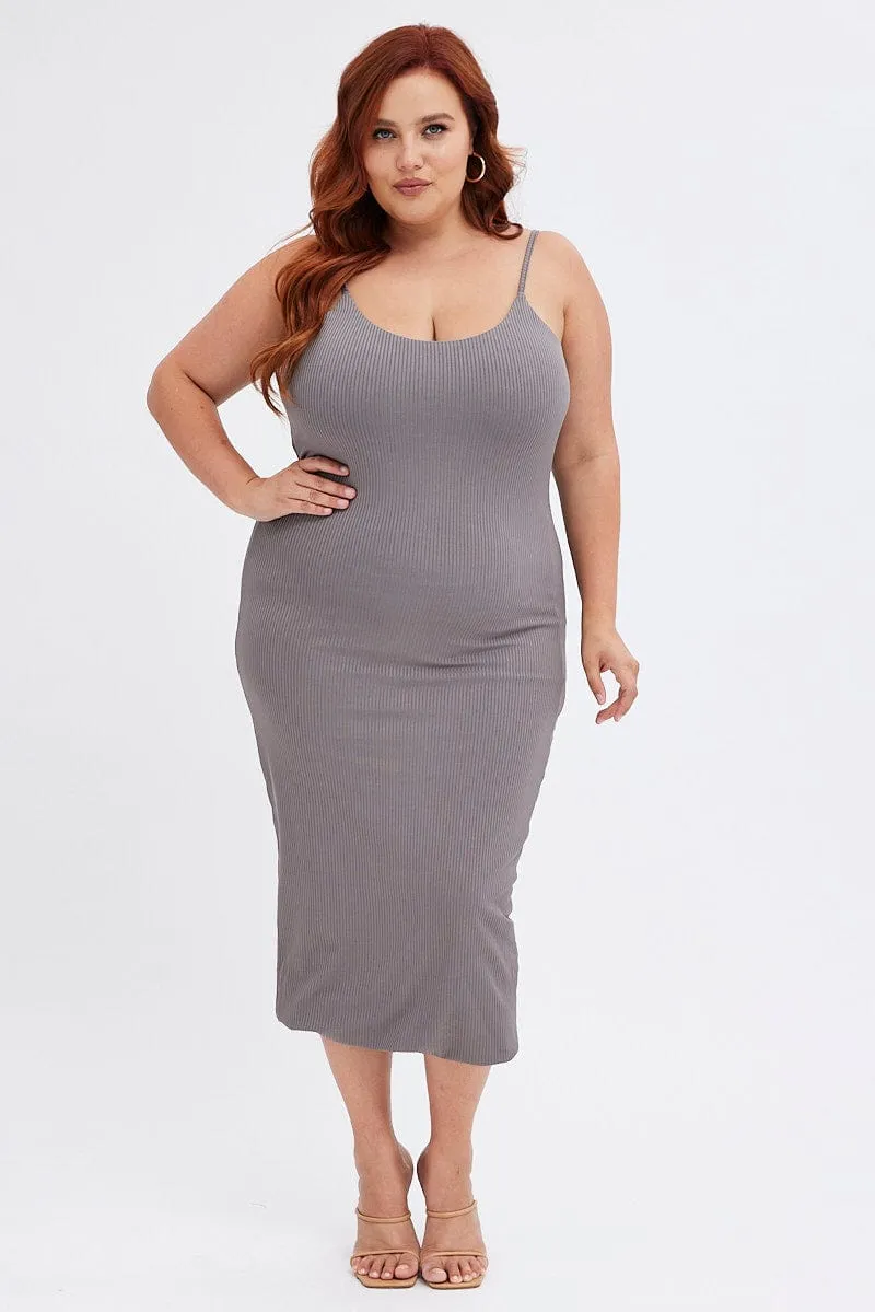 Elegant Appearance Sophisticated Touch Grey Rib Jersey Midi Dress Tie Waist