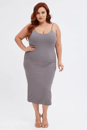 Elegant Appearance Sophisticated Touch Grey Rib Jersey Midi Dress Tie Waist
