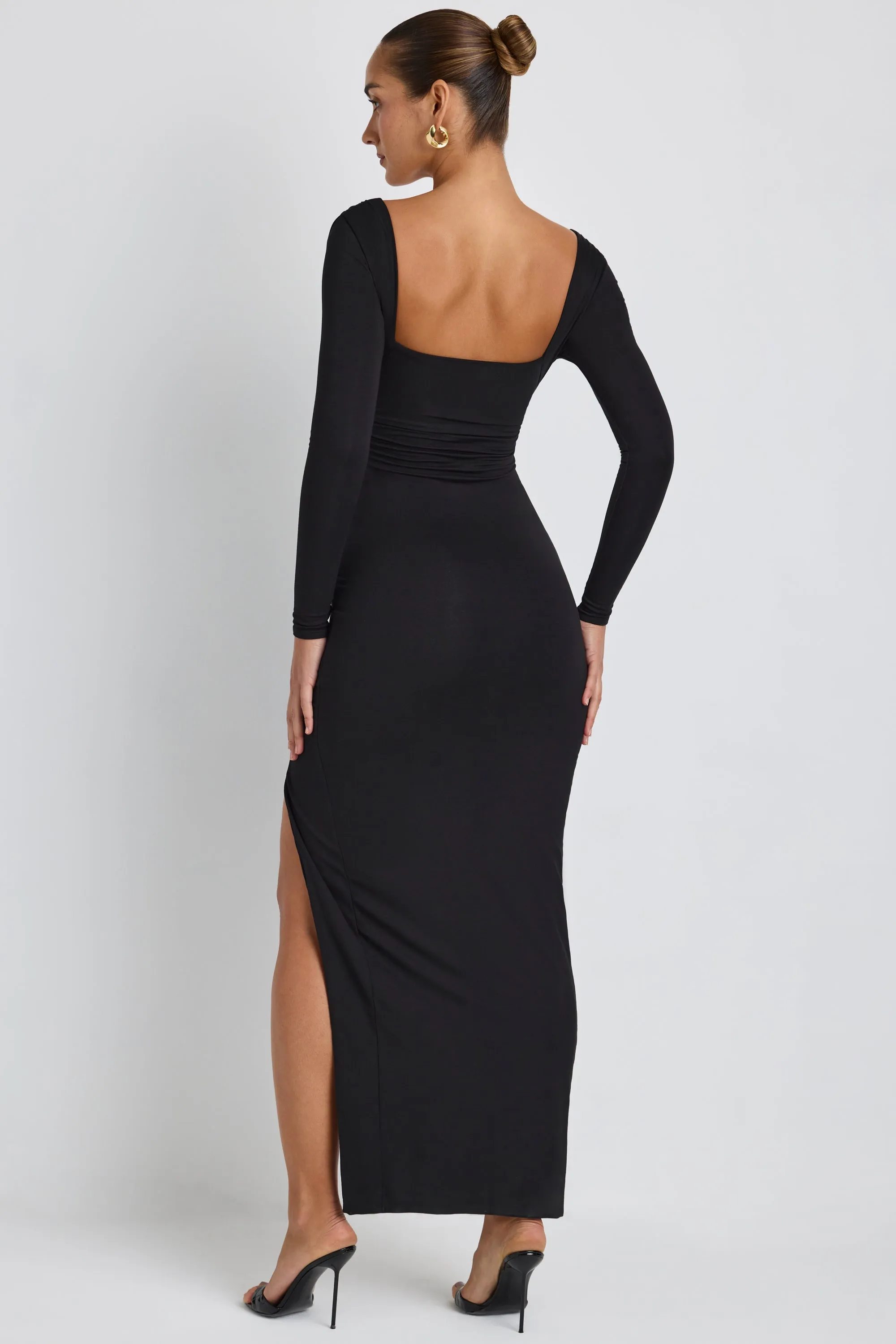 Happy Vibe Modal Plunge Neck Long Sleeve Maxi Dress in Black