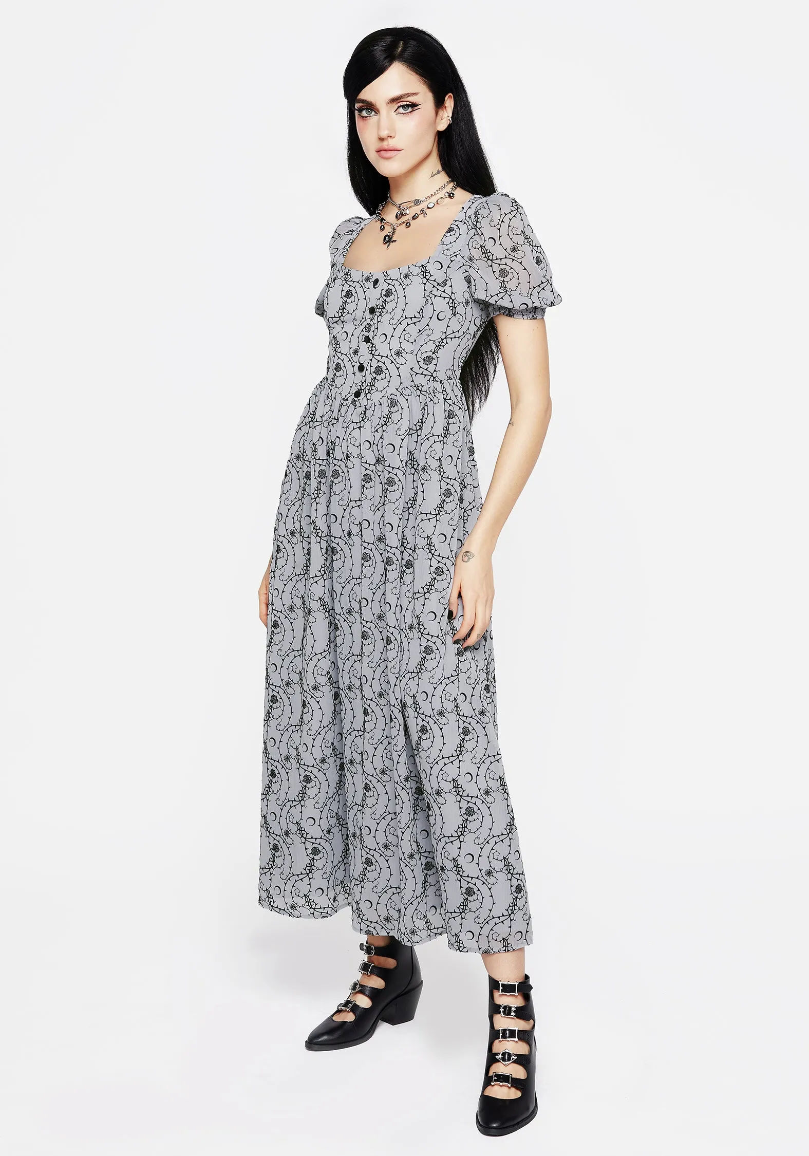 Rosethorn Flocked Velour Puff Sleeve Midaxi Dress - Blue Weather Chic