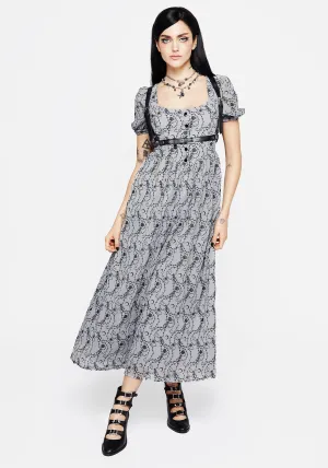 Korean Soft Chic For Work Rosethorn Flocked Velour Puff Sleeve Midaxi Dress - Blue