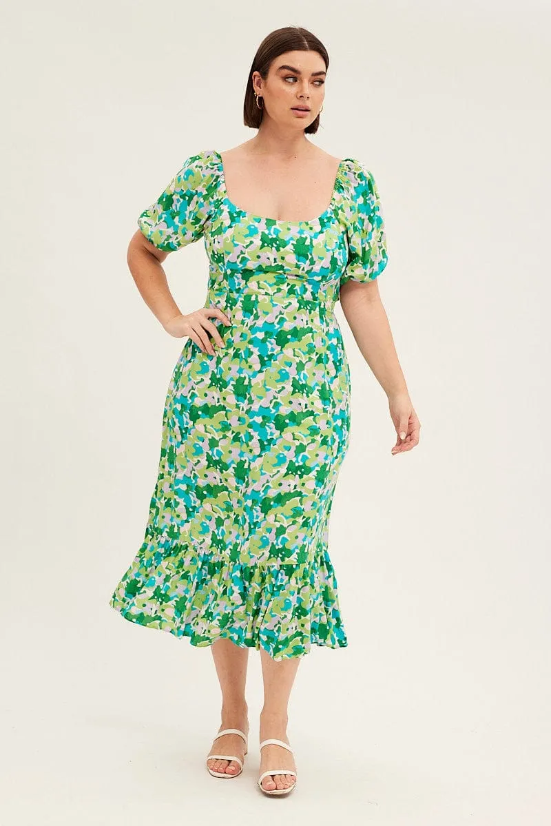 Trendy office attire Chic Vibes Green Floral Midi Dress Puff Sleeve Tie Front Rayon