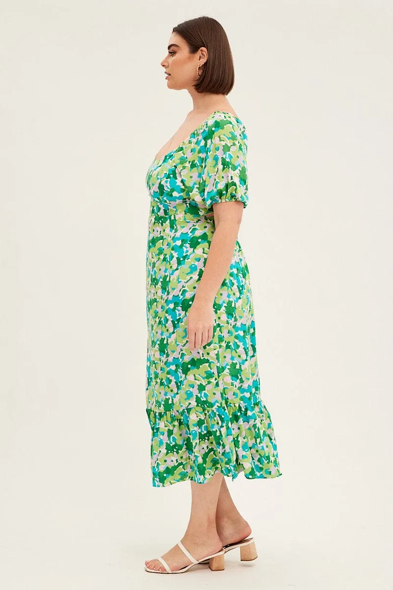 Feminine fit-and-flare style Green Floral Midi Dress Puff Sleeve Tie Front Rayon
