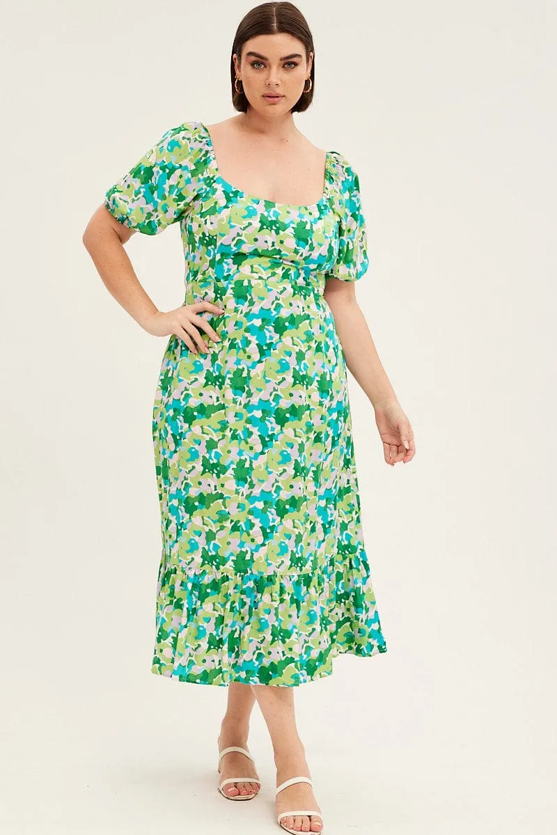 Green Floral Midi Dress Puff Sleeve Tie Front Rayon Lightweight fabric midi