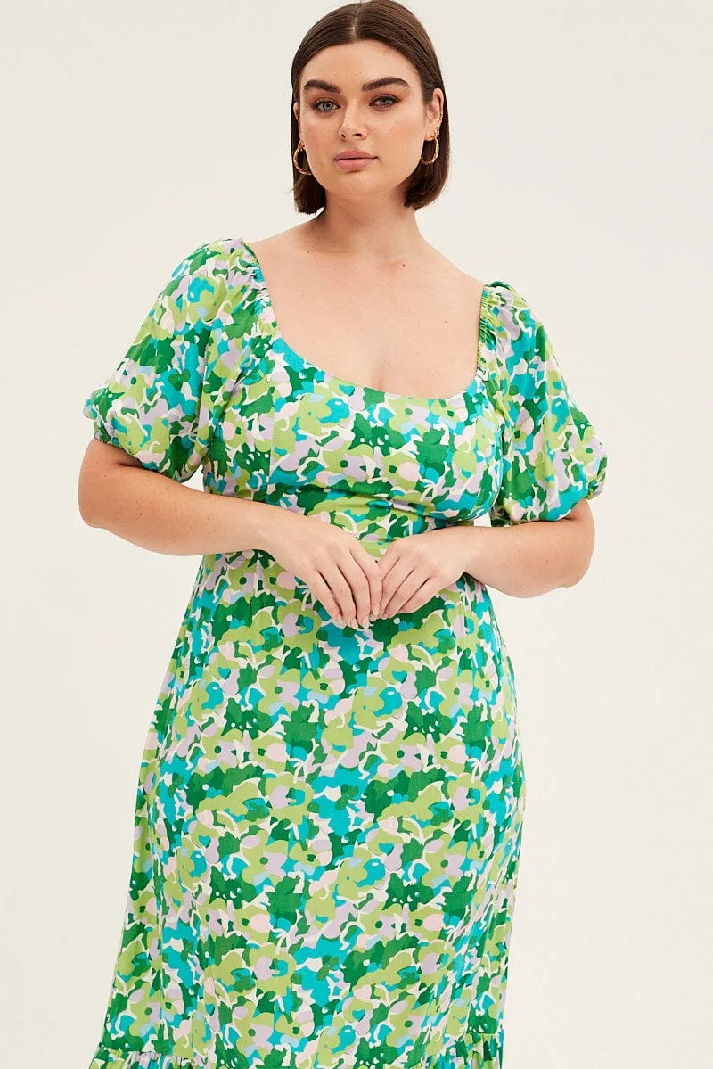 Air Comfort Trendy and Timeless Green Floral Midi Dress Puff Sleeve Tie Front Rayon