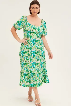 Green Floral Midi Dress Puff Sleeve Tie Front Rayon Lightweight fabric midi