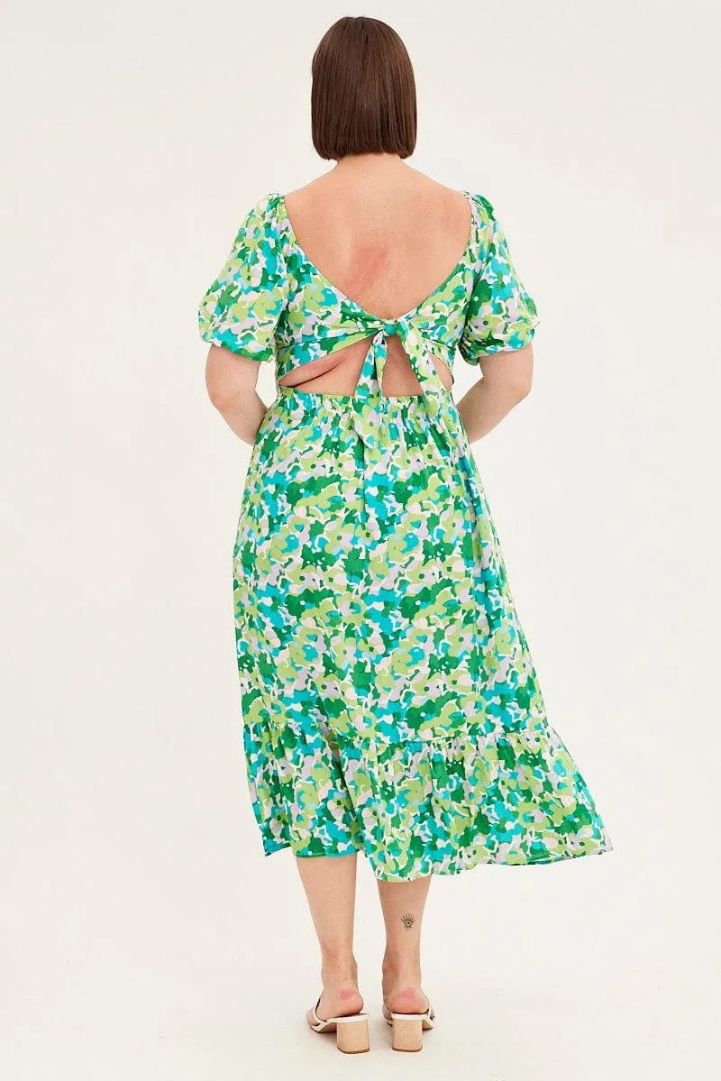 Day To Night Green Floral Midi Dress Puff Sleeve Tie Front Rayon