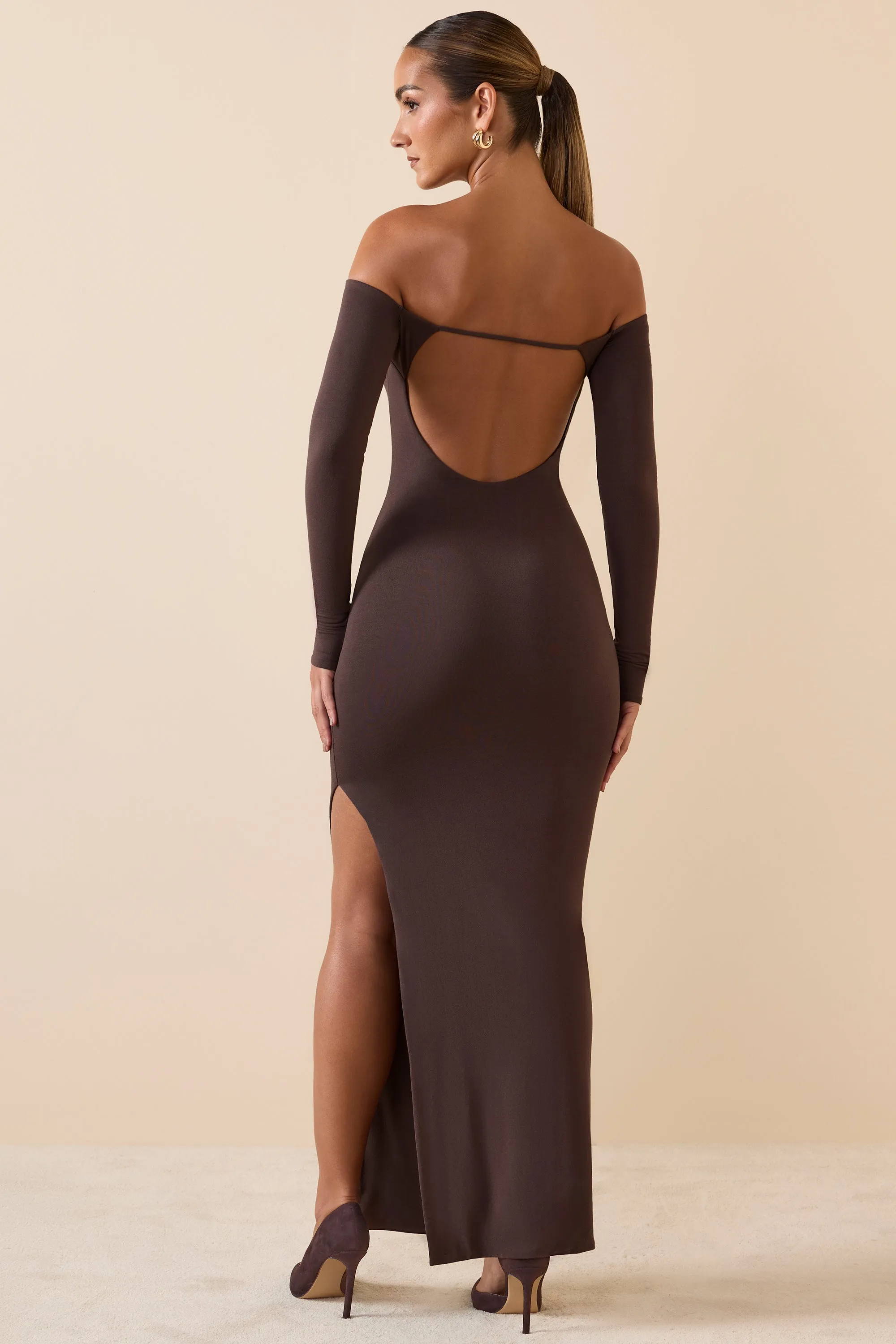 Fog Veil Modal Off-Shoulder Open-Back Maxi Dress in Chocolate Brown