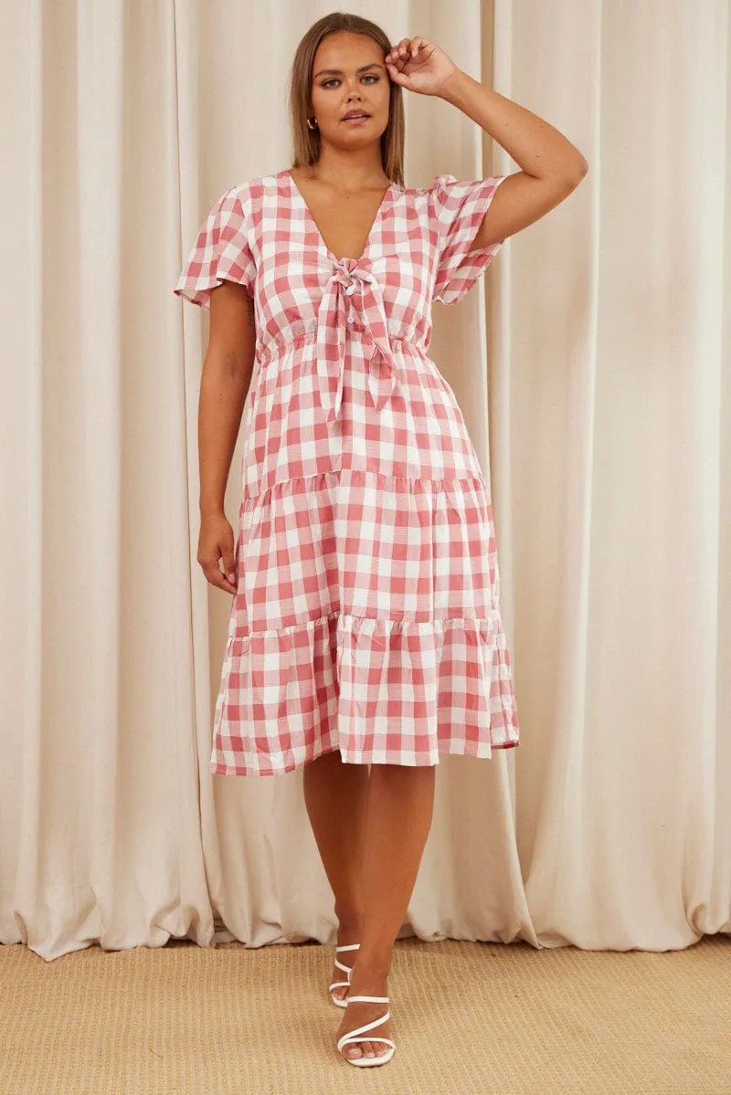 Check Midi Dress V-neck Short Sleeve Stylish Casual Street Lamp