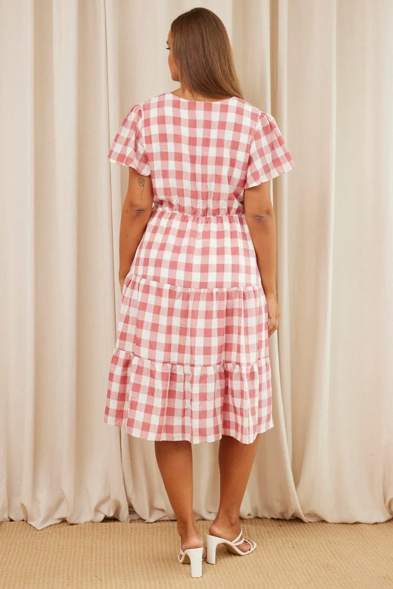Check Midi Dress V-neck Short Sleeve Bamboo Path
