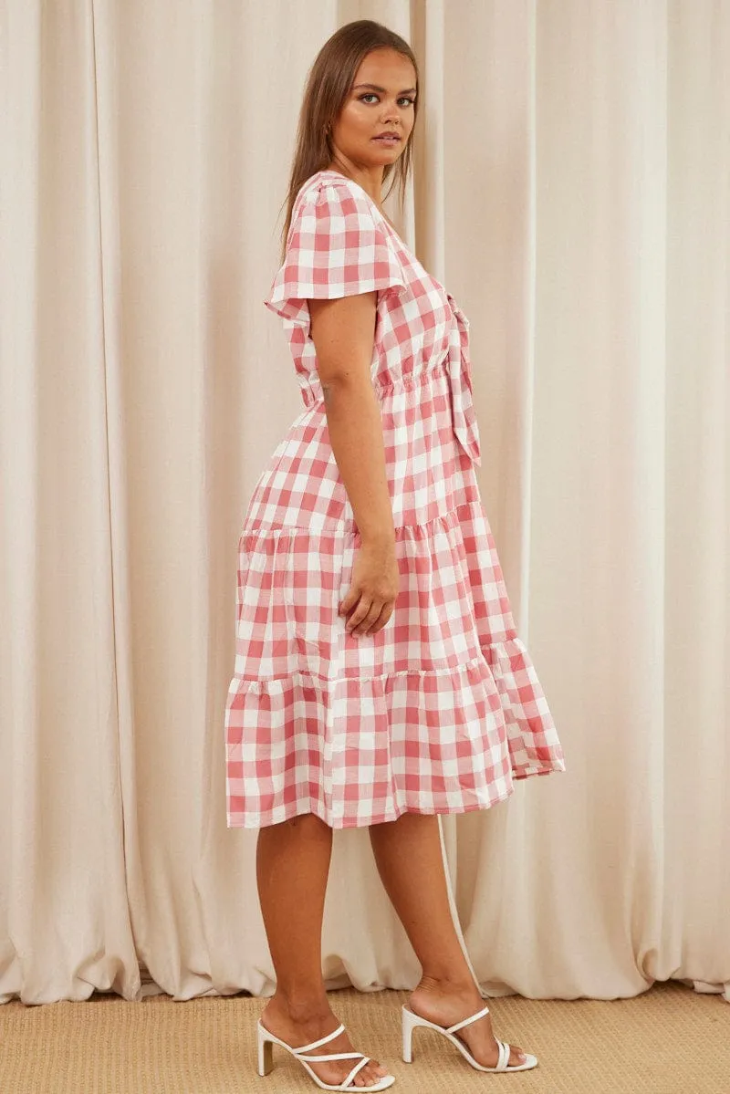 Check Midi Dress V-neck Short Sleeve Daywear Option