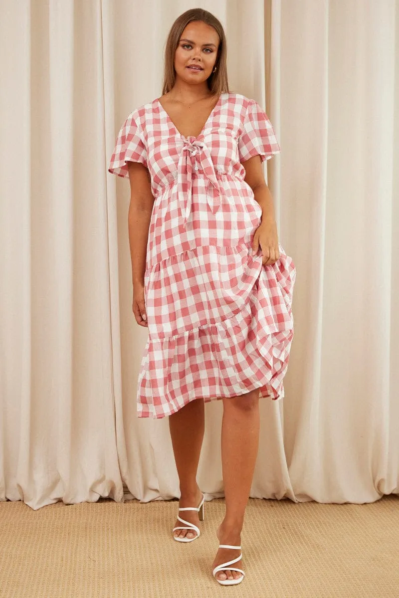 Fashionable Fit Subtle Elegance Check Midi Dress V-neck Short Sleeve