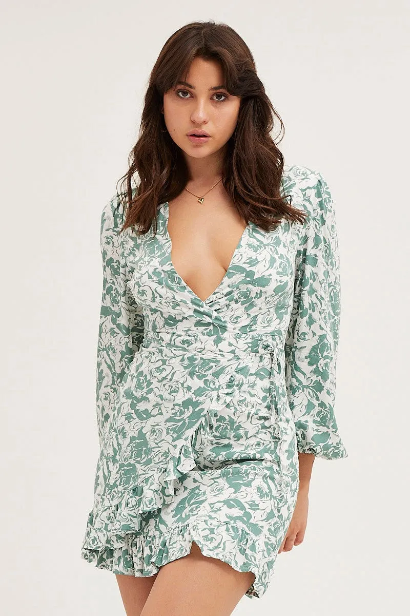 Aura Core AntibacterialMaterial Print Tie Waist Wrap Dress