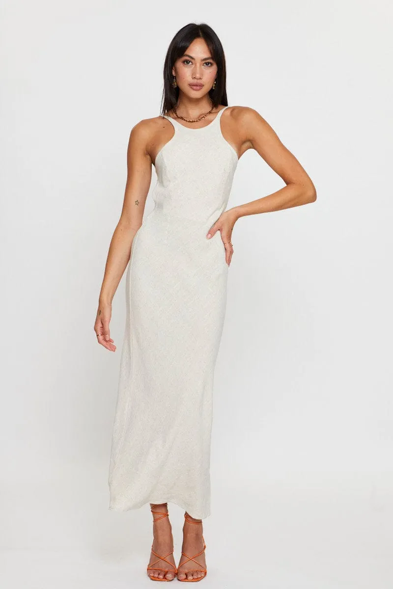 Beige Maxi Dress Sleeveless Racer Neck Bead Glow
