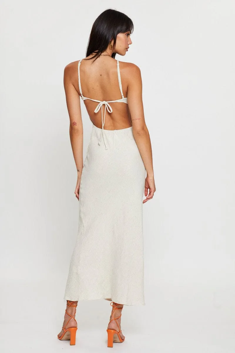 Beige Maxi Dress Sleeveless Racer Neck Mermaid Cut Tropical Path