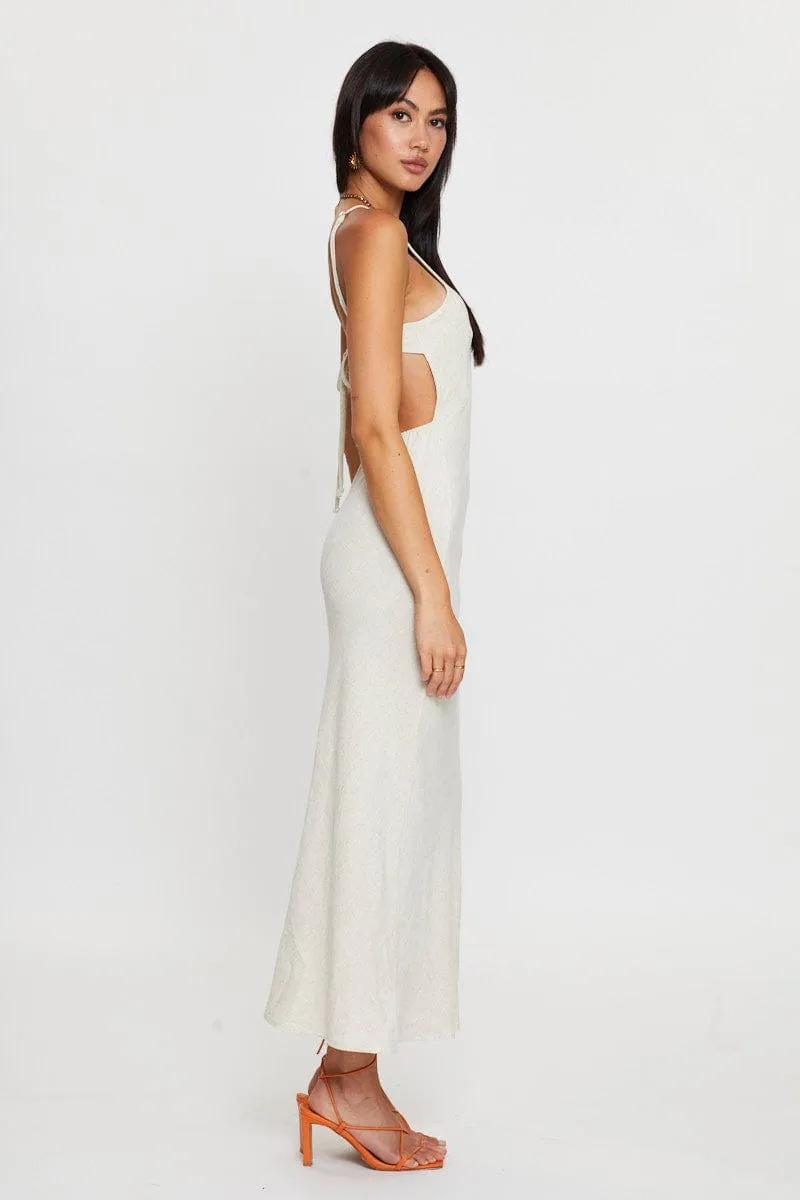 Beige Maxi Dress Sleeveless Racer Neck Pearl Glow