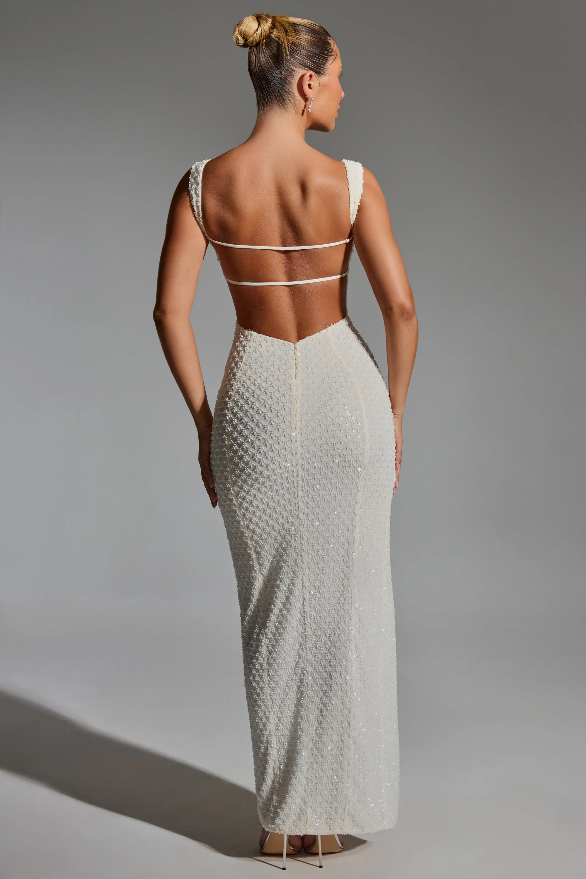 Embellished Open-Back Maxi Dress in White Flare Bottom