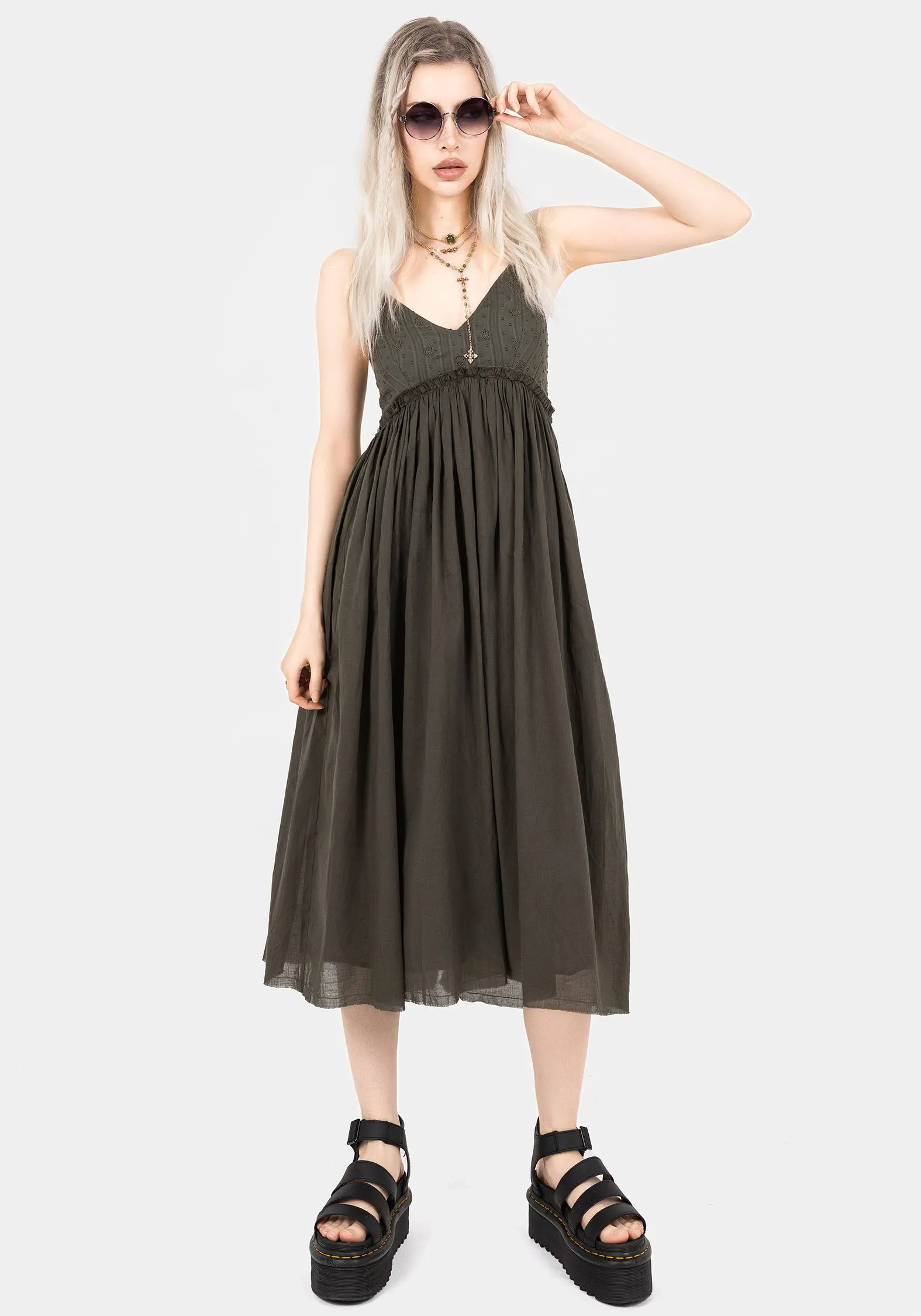 Feminine Energy Work Wear Thyme Cotton Plunge Neck Cami Midi Dress