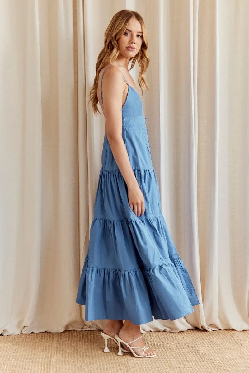 Cream Tone This dress is designed to provide both comfort and style making it the perfect choice for any occasion Blue Maxi Dress V-Neck Sleeveless Poplin